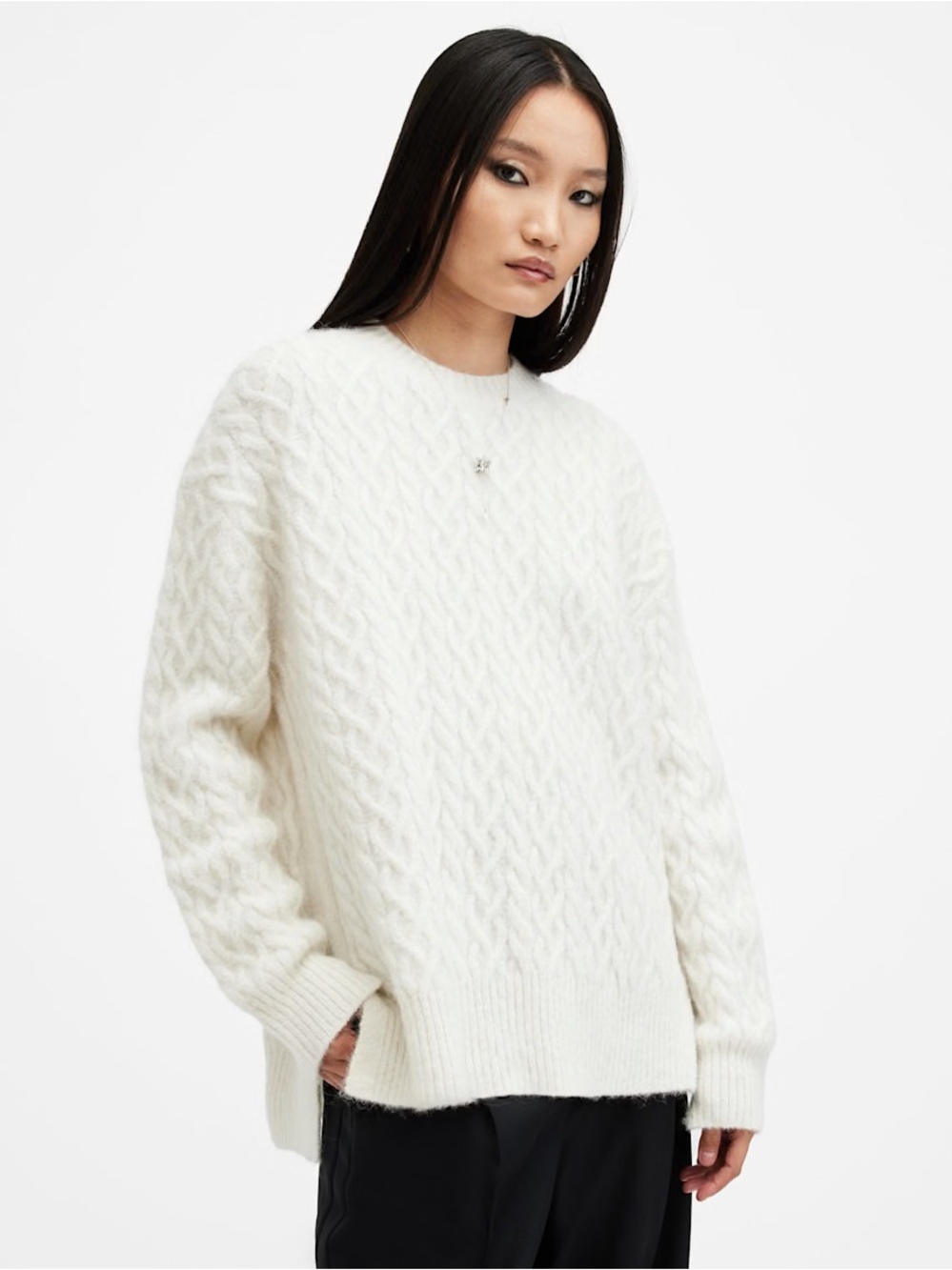 All Saints Cable Knit Crewneck Sweater - White